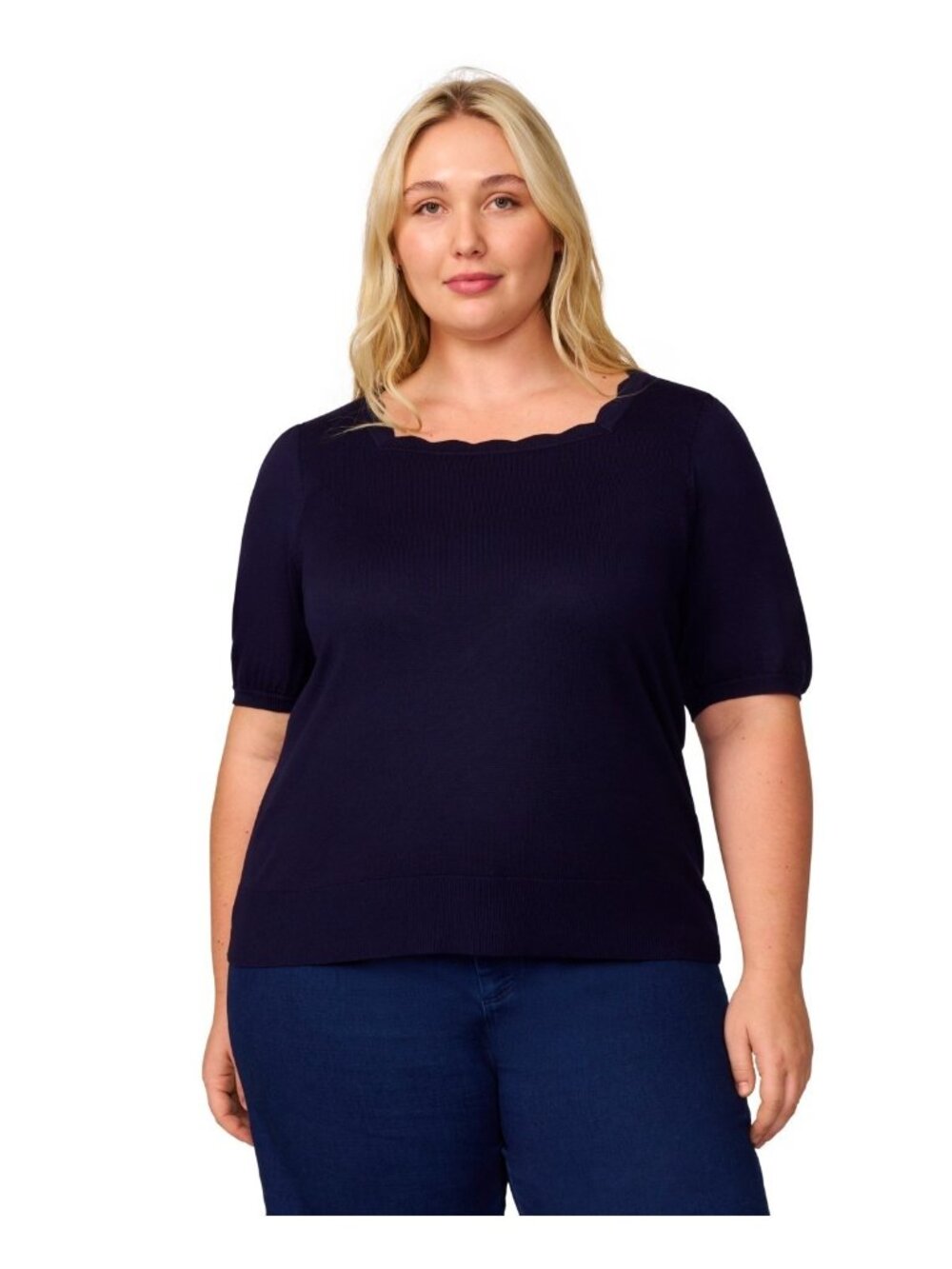 Melissa Paige Plus Size 1X Elbow-Sleeve square Scalloped-Neck Sweater Navy $52